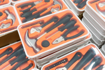 Stacks of see-through plastic toolbox case