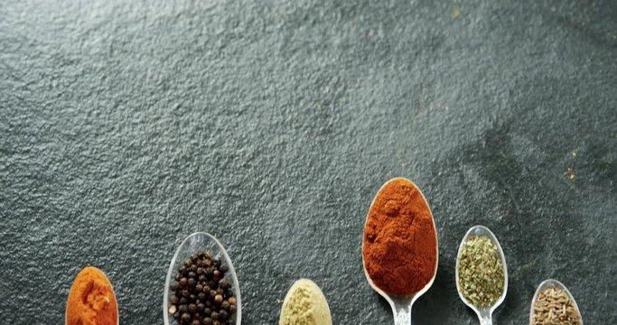 Various type spices on spoon 