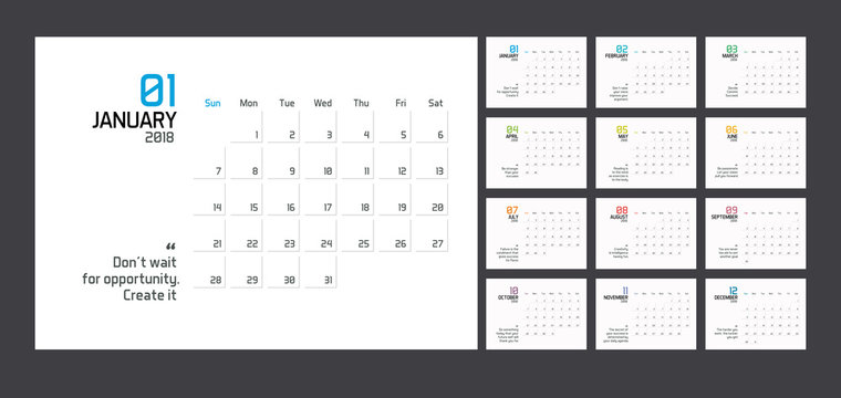 Modern minimal Calendar Planner Template for 2018. Vector design editable template with wise quotes for success