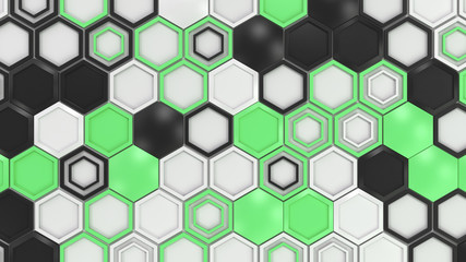 Abstract 3d background made of black, white and green hexagons on white background