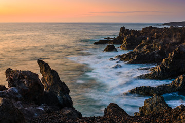 Stunningly beautiful lava caves and cliffs in Los Hervideros after sunset. Lanzarote. Canary Islands. Spain
