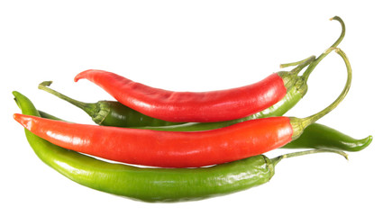 Green and red chili peppers isolated on white background