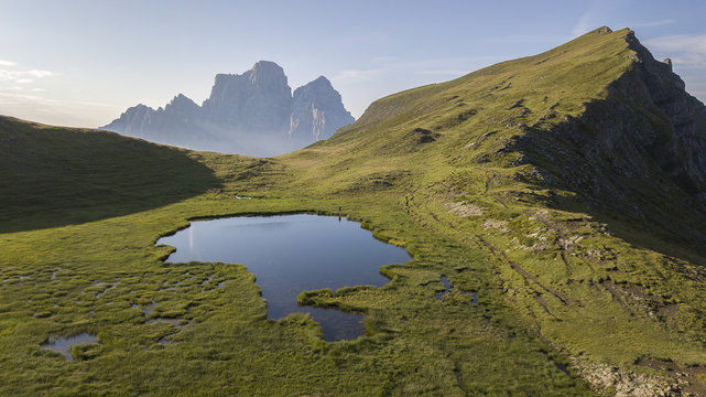 Pelmo Mount, Baste lake and the meadows of Mondeval, Dolomites, Italy