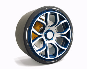 Obraz premium 3D render of a sport aluminium car wheel and brake disc isolated on white background