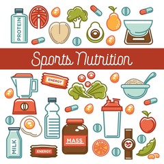 Fitness food poster of sports healthy diet food nutrition icons.