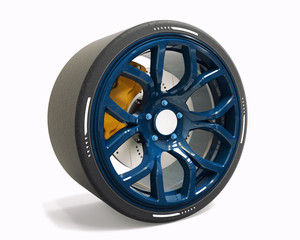 Obraz premium 3D render of a sport aluminium car wheel and brake disc isolated on white background