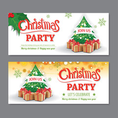 Invitation merry christmas party poster banner and card design template. Happy holiday and new year with tree and gift box theme concept..