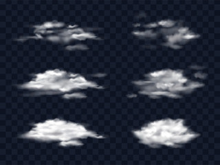 Set of transparent white clouds in a realistic style isolated on a transparent background, vector illustrations. Template, element for design for weather forecast.