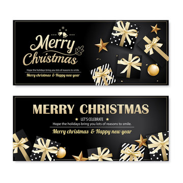 Invitation merry christmas poster banner and card design template on black background. Happy holiday and new year with gift boxes theme concept.