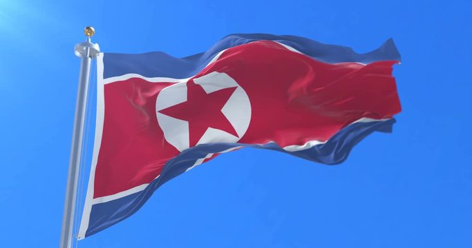 Flag of North Korea waving at wind with blue sky, loop
