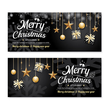 Greeting card merry christmas party poster banner design template on black background. Happy holiday and new year with gift box theme concept.