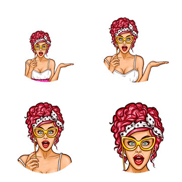 Set of vector pop art round avatar icons for users of social networking, blogs, profile icons. Surprised woman with an open mouth holding a vintage lorgnette in her hand
