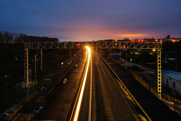 Light train path at night