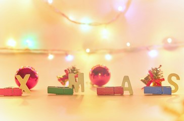 Xmas wooden, Christmas decorations with bokeh lights, Christmas background  