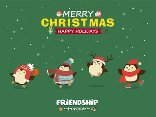 Fototapeta premium Vintage Christmas poster design with vector Santa Claus, snowman, elf, penguin characters.