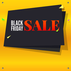 Black Friday sale, 3D illustration. Black banner in origami style with colored confetti on yellow background with screws at the corners. Template of sales for day of black Friday. Advertising poster.