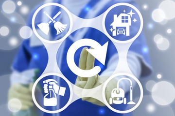 Repeat Cleaning Service Business concept. Professional cleanup house and office services. Cleaner girl using virtual touchscreen presses circular arrow (rotation, refresh) button.