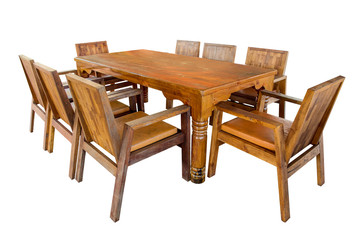 Wooden dining table set isolated.
