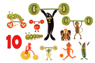 Learning to count. Cartoon figures of vegetables and fruits, as an illustration of mathematical...