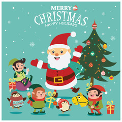 Vintage Christmas poster design with vector Santa Claus, snowman, penguin, elf characters.