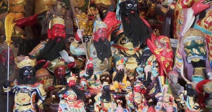 Pantheon of Chinese Deities in a Phuket Temple. 4k DCI footage