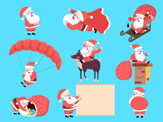 Set of cute happy cartoon Santa Claus in various positions, actions and gestures or movements. Christmas holiday characters collection. Merry Xmas theme illustration in flat design.