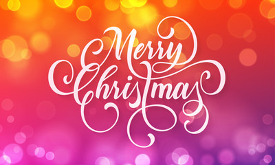 Merry Christmas greeting card calligraphy lettering on sparkling bokeh light or snowflakes glittering blur effect. Vector festive shine background for Christmas or New Year winter holiday wish design