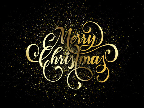 Merry Christmas wish greeting card of gold glitter confetti or sparkling fireworks on premium luxury black background. Vector golden calligraphy lettering design for New Year or Christmas holiday