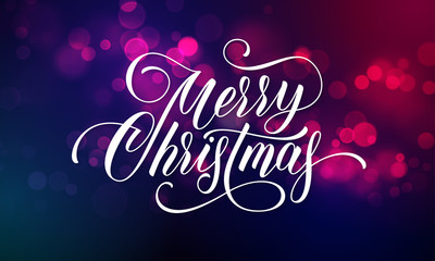 Merry Christmas greeting card of sparkling festive bokeh light background and golden calligraphy lettering wish, Vector festive glitter shine with light effect for Christmas or New Year holiday