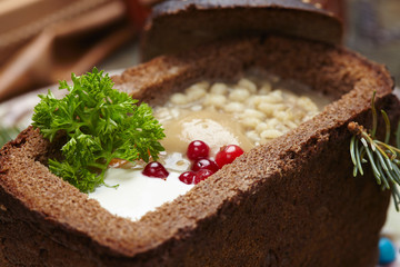 soup served in a bread bowl