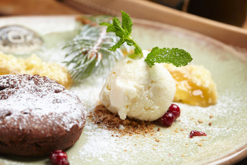 chocolate cake with ice cream