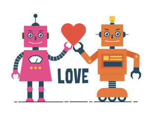 Male and Female Robot with Heart Illustration
