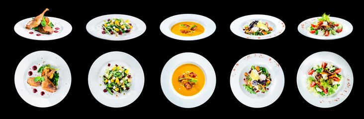 Set of delicious classic dishes. Autumn menu in an Italian restaurant isolated on black background