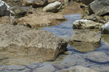Fototapeta na wymiar Seichtes Wasser am Ufer mit Flesbrocken