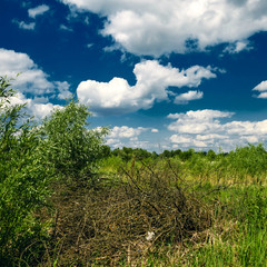 Beautiful summer rural landscape with river and clouds on the blue sky. Russia. Ural. Village Sloboda