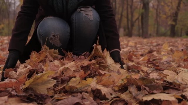 Woman crouching throws a bunch of autumnal leaves into the air