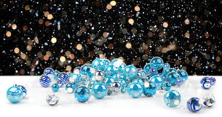 Blue and white christmas baubles 3D rendering