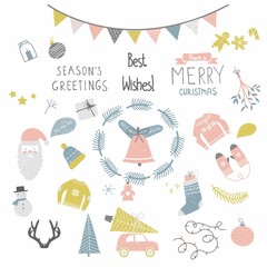 Christmas set, hand drawn style - calligraphy, textured elements, Vector illustration. - 181099328