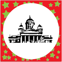 helsinki cathedral black 8-bit vector illustration isolated on round white background with stars