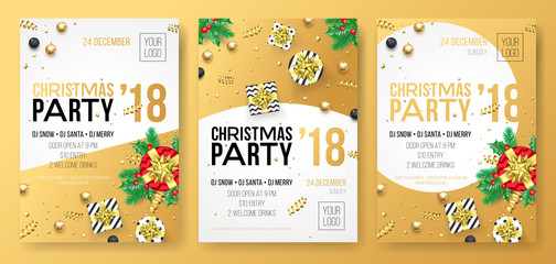 Christmas winter holiday party celebration poster or invitation card of golden decoration and gold gift present. Vector glittering confetti on white background for New Year party design template