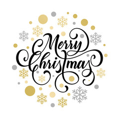 Merry Christmas greeting card of golden decoration ball, gold glittering snowflake confetti and star pattern on white background. Vector Christmas or New Year wish calligraphy text for winter holiday