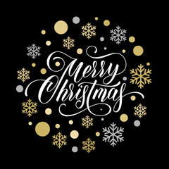 Merry Christmas greeting card of wish calligraphy text, golden decoration ball, gold glittering snowflake confetti and star pattern on black background. Vector Christmas or New Year for winter holiday