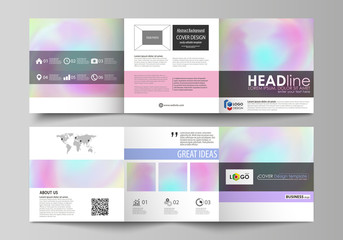 Business templates for tri fold square design brochures. Leaflet cover, abstract vector layout. Hologram, background in pastel colors, holographic effect. Blurred colorful pattern, futuristic texture