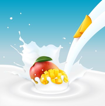 Mango fruits and milk splash