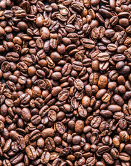 Roasted coffee beans. Top view.