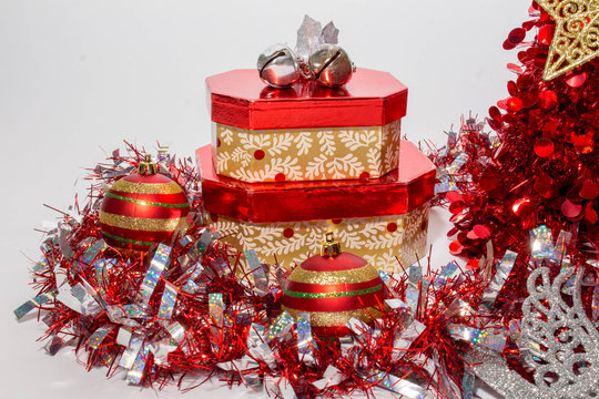 Old Time Christmas Gift Boxes with Silver Bells