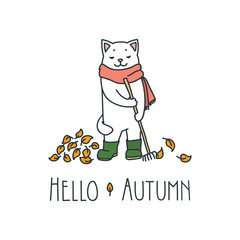 Hello autumn. Doodle vector illustration of funny white cat raking autumn leaves