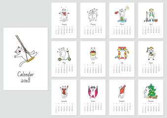 Vector monthly calendar with a cute white cat