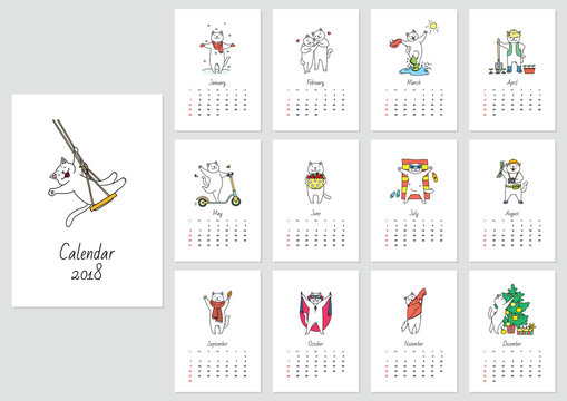Vector monthly calendar with a cute white cat