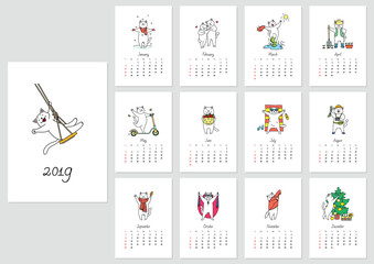 Vector monthly calendar with a cute white cat enjoying seasons